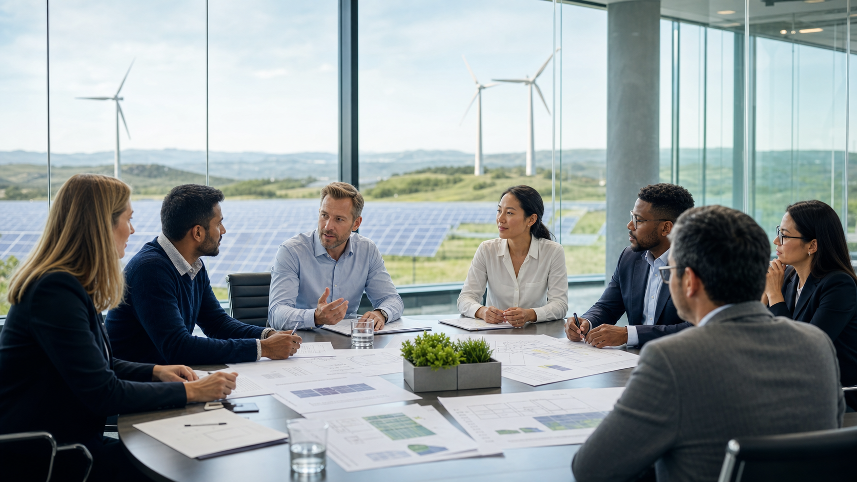 Clean energy professionals coordinating standards support and technical intelligence in a modern conference setting.