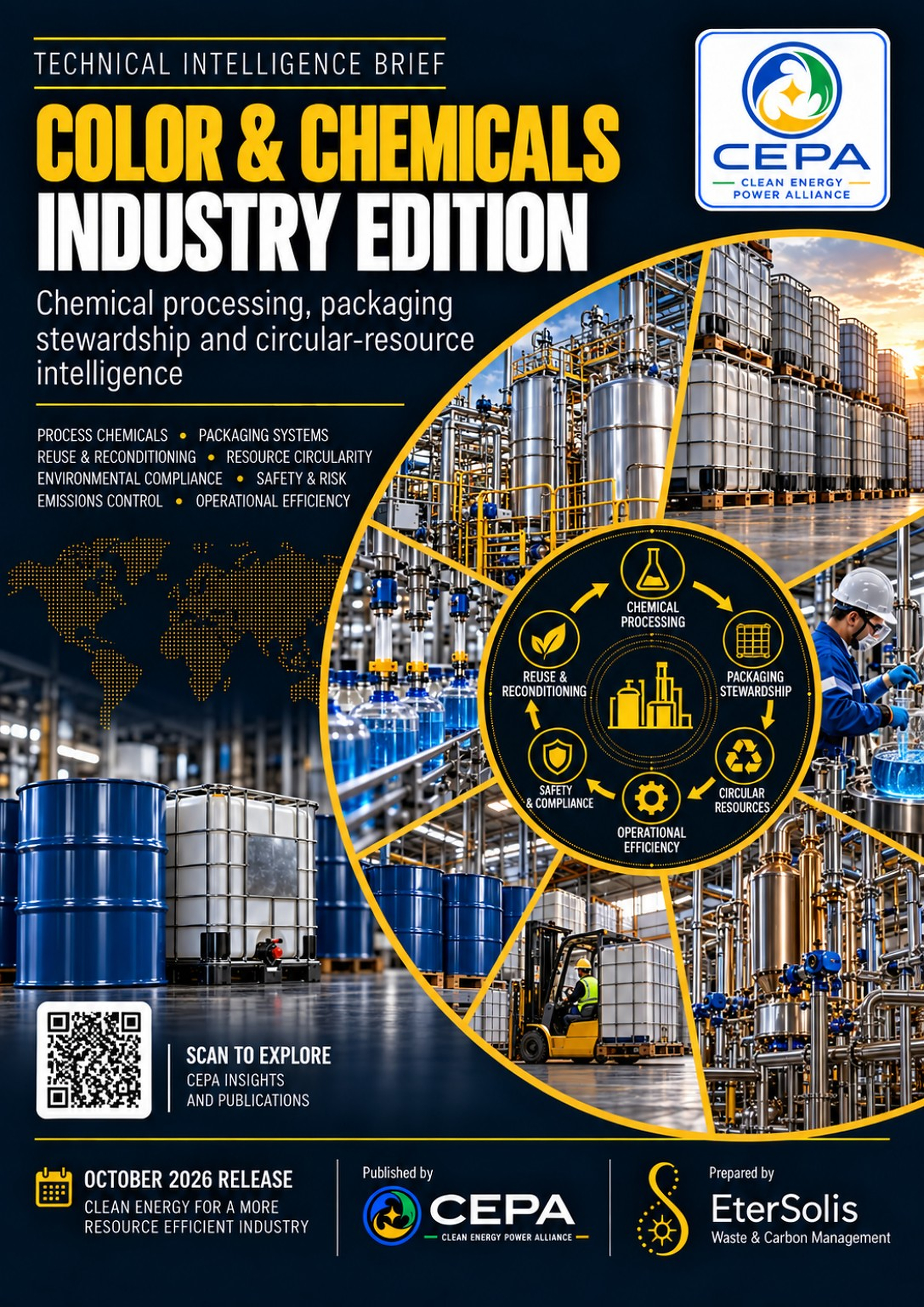 Issue 004 cover showing industrial drums and IBC packaging in a gold-rimmed return-loop composition with return, inspection, reconditioning, refill and release stages.