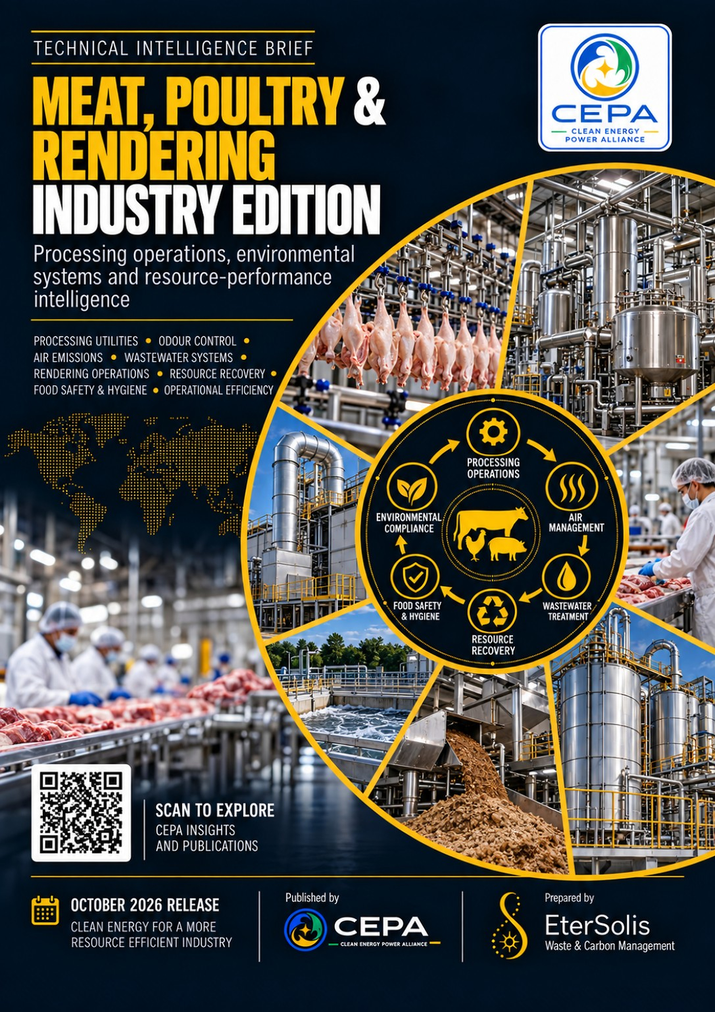 Issue 002 cover showing slaughter and rendering emission sources, capture equipment, treatment systems, wastewater interfaces and a source-capture-treat-monitor-receptor control loop.
